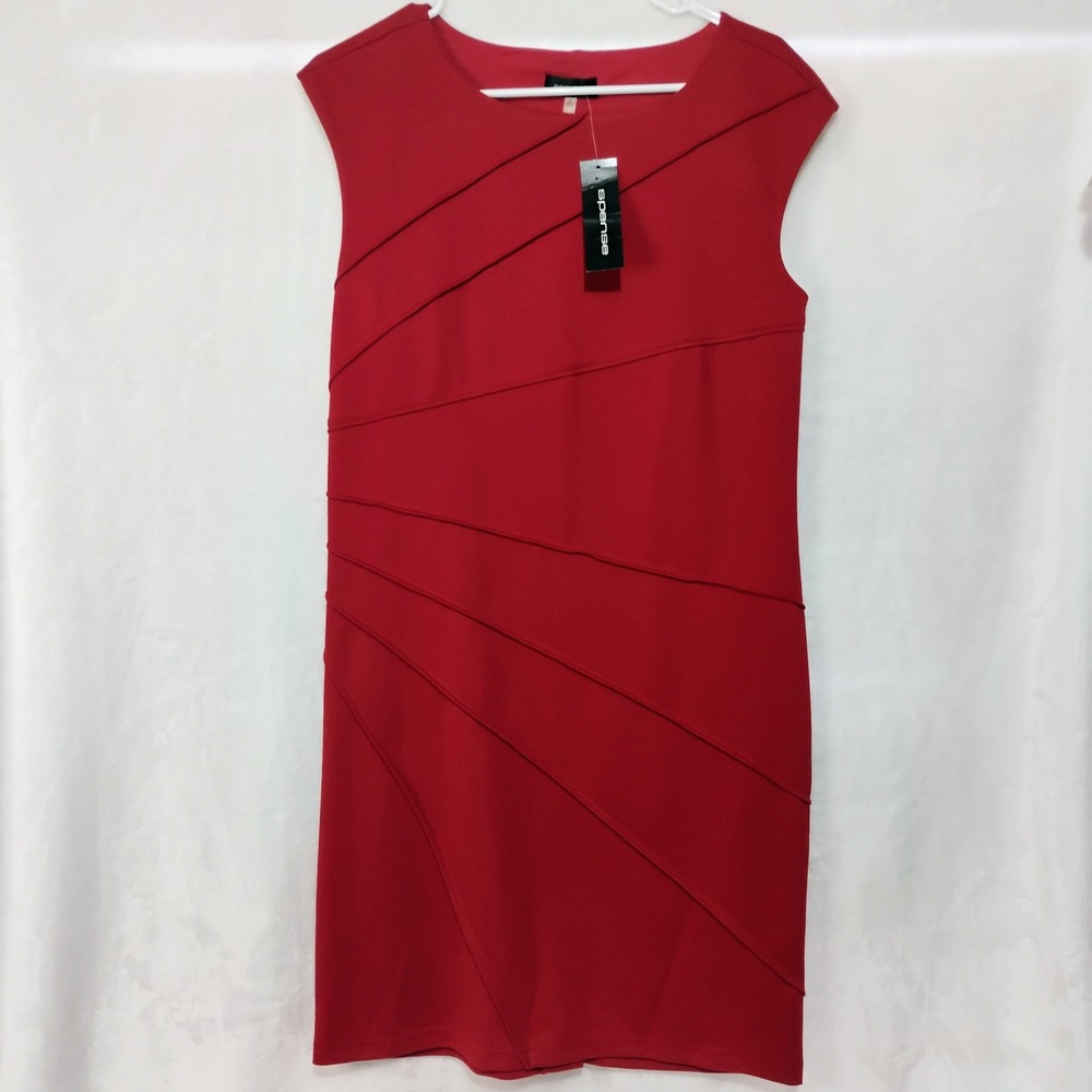 Spense Red Size 8 Sleeveless Sunburst Pleated Sheath Dress Stretch NWT U